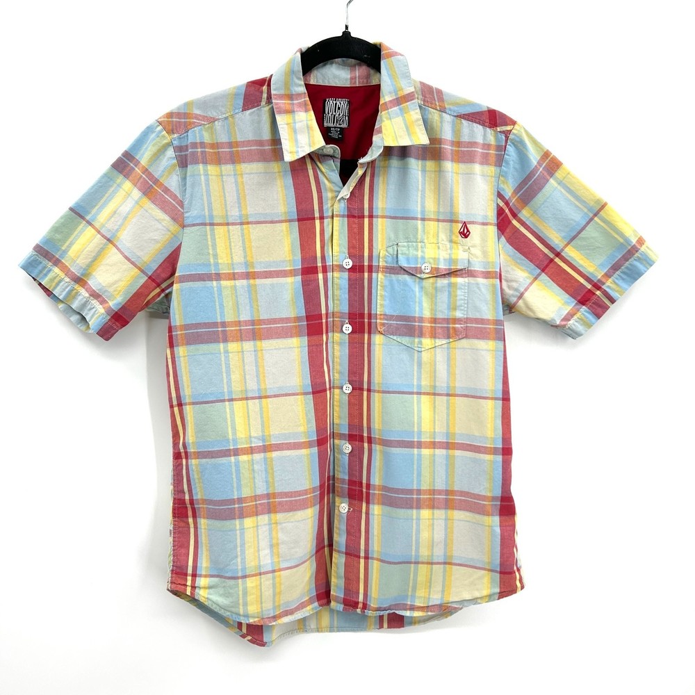 VOLCOM Men's Red Yellow Plaid Button Up Short Sleeve Cotton Shirt Size XS